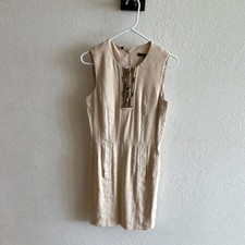 Gucci Beige Linen Sheath Dress Gold Hardware Lace-Up Front Sleeveless Size 42