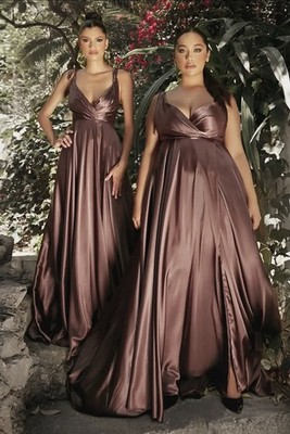 Cinderella Flowy Satin A Line Full Length V Neck Chocolate Brown Dress Gown 