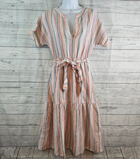 Gap Womens Dress Sz 2 Pink Blue Striped Linen Blend Short Sleeve Belted Pockets