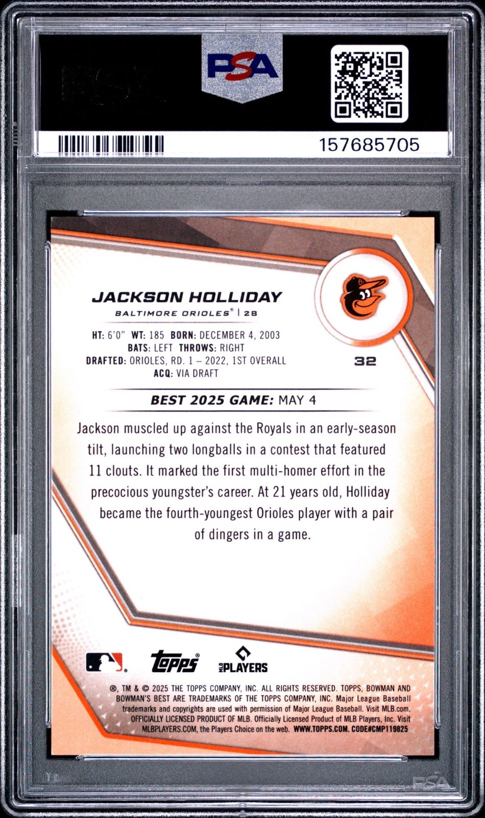 2025 Bowmans Best Jackson Holliday Orange Refractor /25 #32 PSA 10 Gem Mint view 2