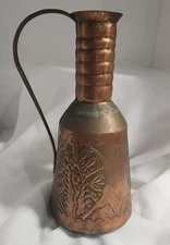 vtg Middle Eastern Islamic hand made ornate copper pitcher jug vase floral