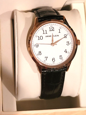 NwT Anne Klein Modern Black Genuine Leather Bracelet Rosegold Tone Women's Watch
