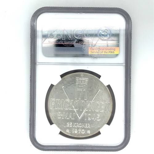 1970 Norway Silver 25 Kroner Liberation Anniversary Coin Graded MS 66 by NGC - Picture 2 of 4