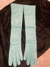Gucci Leather Aquamarine/Blue Opera -Long Gold G Logo Gloves Size L/8 New