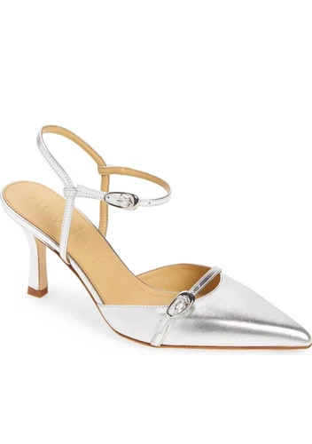 $430 Aeyde Marianna Pointed Toe Pump STRAPPY LEATHER METALLIC SILVER 38 (DB34)