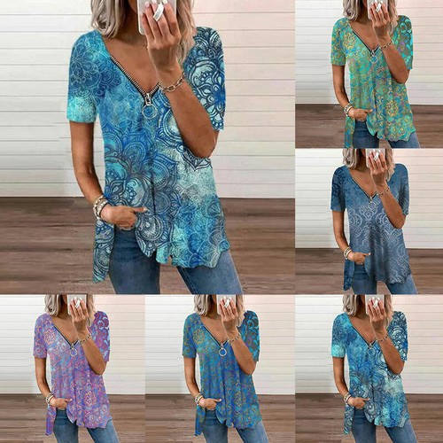 Damen Sommer Blumen V-Ausschnitt Reißverschluss T-Shirt lose Tops T-Shirts Kurzarm Plus Bluse - Bild 4 von 14