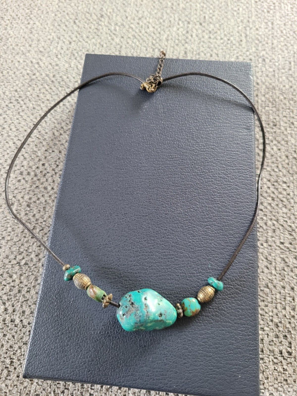 Vintage Blue Turquoise Gemstone Necklace w Brass Beads Necklace