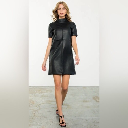 THML Mock Neck Short Sleeve Faux Leather Dress Black Women's Large