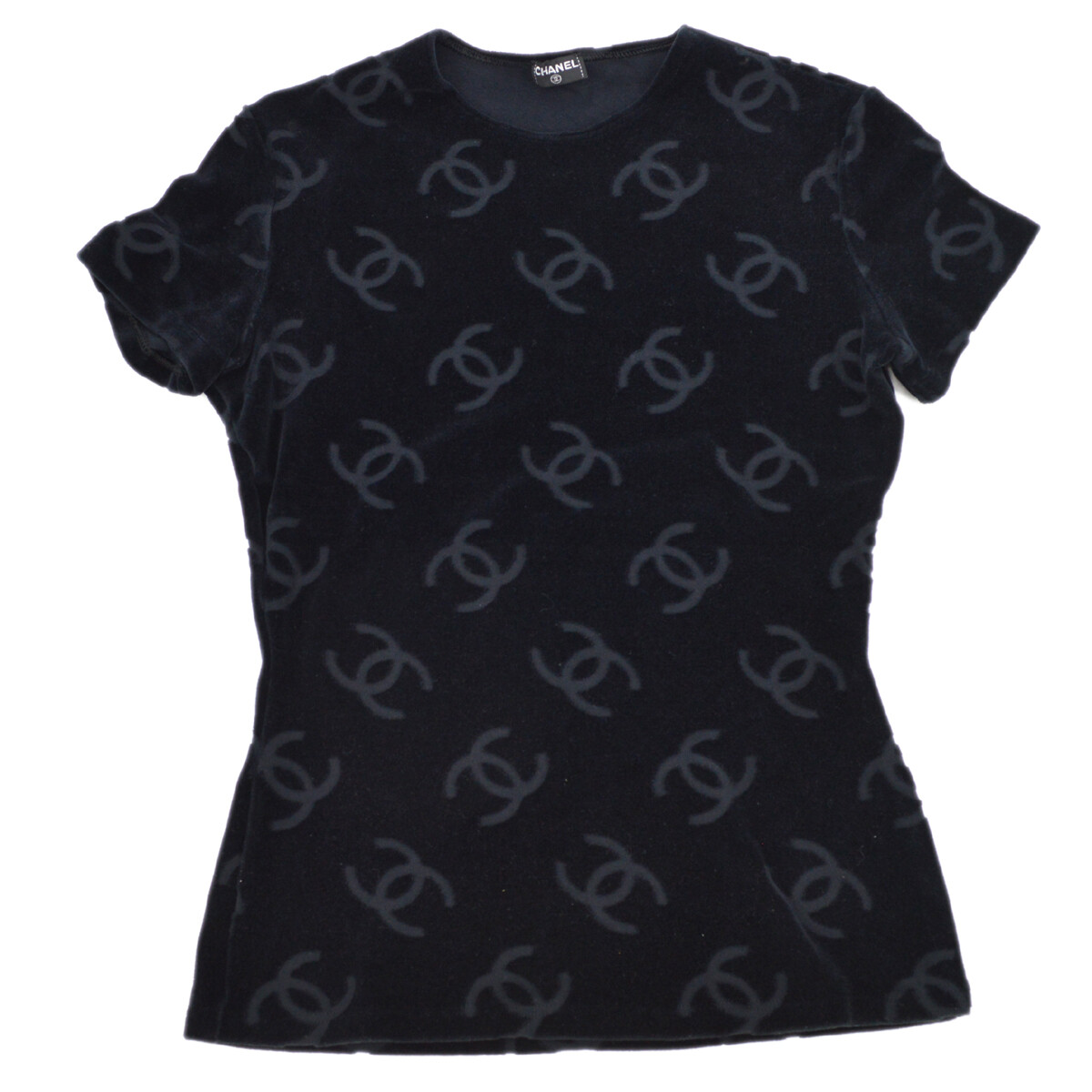 Chanel 96P #42 Round Neck Short Sleeve T-Shirt Top Black Chanel 96P #42 Round Neck Short Sleeve T-Shirt Top Black
