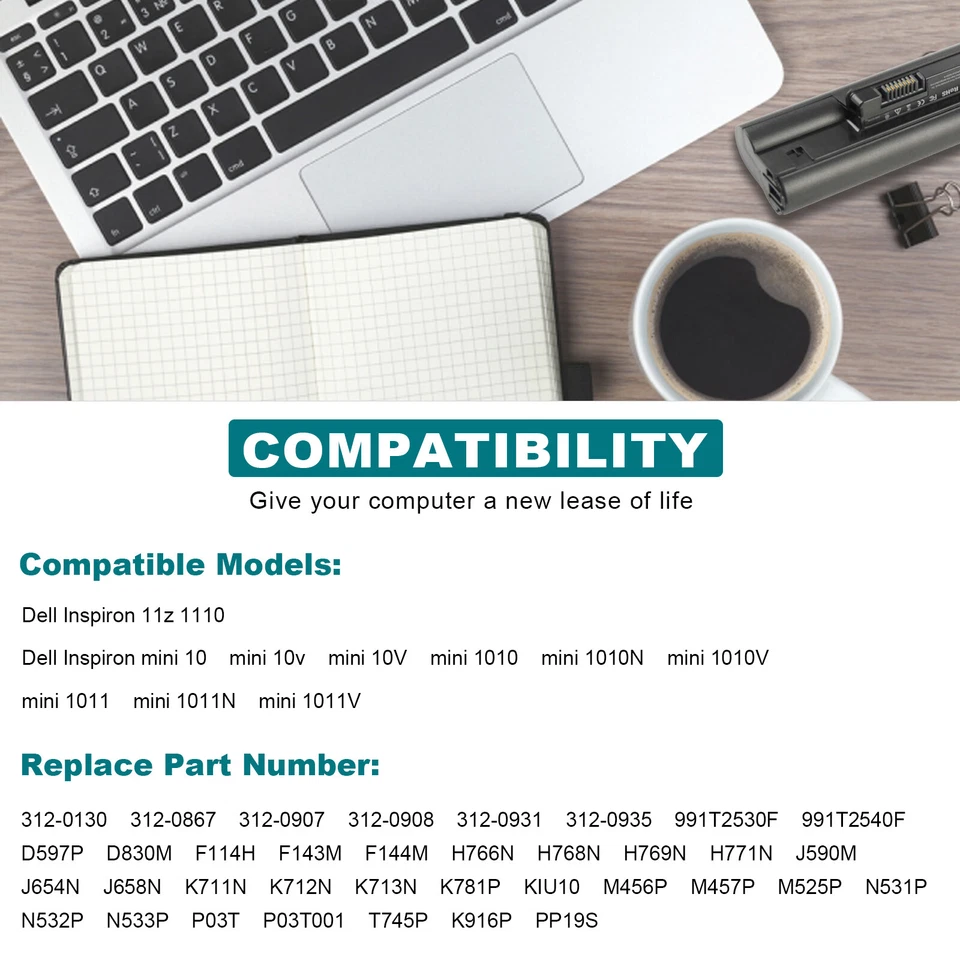 Batería para Dell Inspiron Mini 10 10V 1010 1010V 1011 1120 H768N PP19S 312-0130 Foto 4 de 4