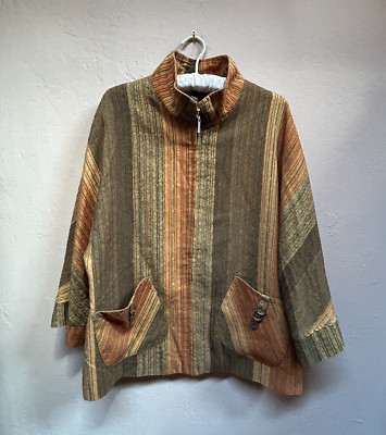 Meng Zhong Qiu Yue Women XL 170/92A Brown Gray Striped Kimono Jacket Lightweight