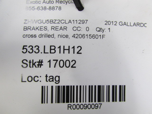 Lamborghini Gallardo, Rear Brake Rotor, Cross Drilled, Used, P/N 420615601F