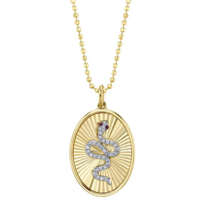 14K Gelbgold Schlange Anhänger Halskette 0,10 ct Diamant Rubin natürliche ovale Scheibe