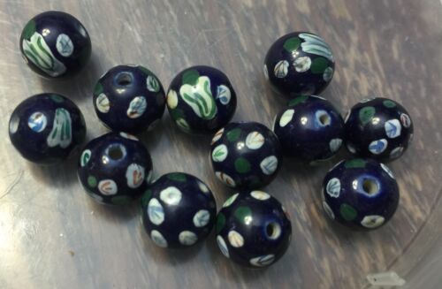 Vintage Japan Deep Navy Painted Picasso Design Asian Ceramic Round Bead Lot - 第 1/2 張圖片