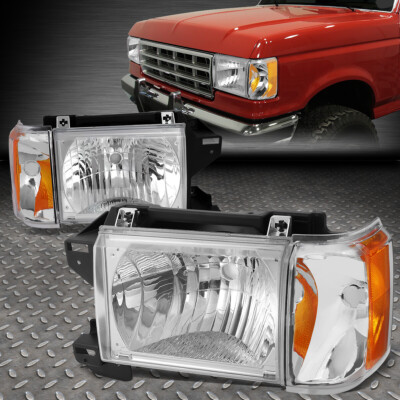 Chrome Housing Amber Corner Headlight Lamps For 1987-1991 Ford F150 F250 F350 Bronco – OE Style 2 thumbnail image