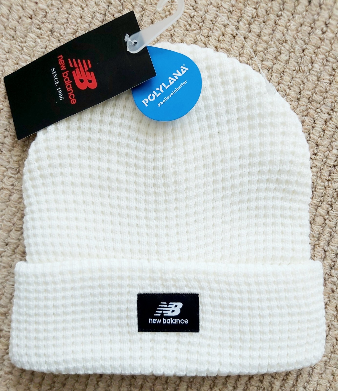 Genuine NEW BALANCE Snow White Waffle Knit BEANIE Hat Unisex *Patch Logo* Tags