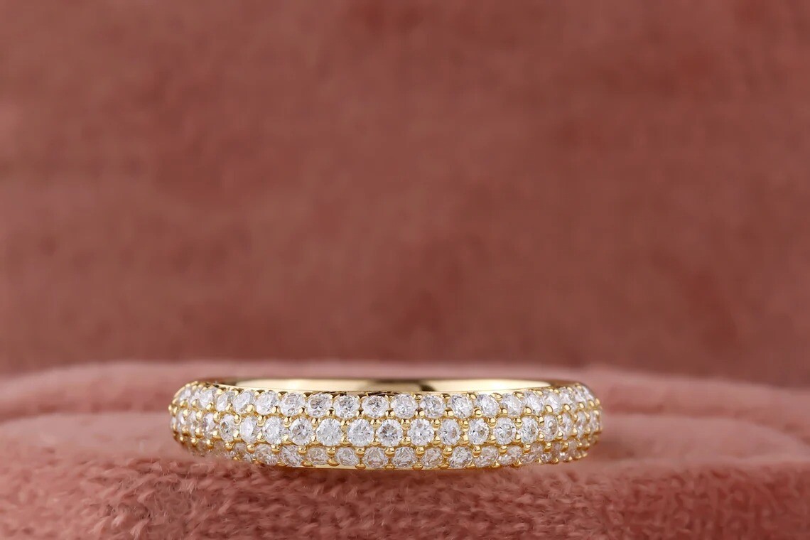 Art Deco Round Moissanite 14K Yellow Gold 3-Row Pavé Wedding Band