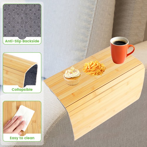 Sofa Arm Tray Bamboo Couch Arm Tray with Basket Foldable Armrest Tray wesHZ - Picture 11 of 22