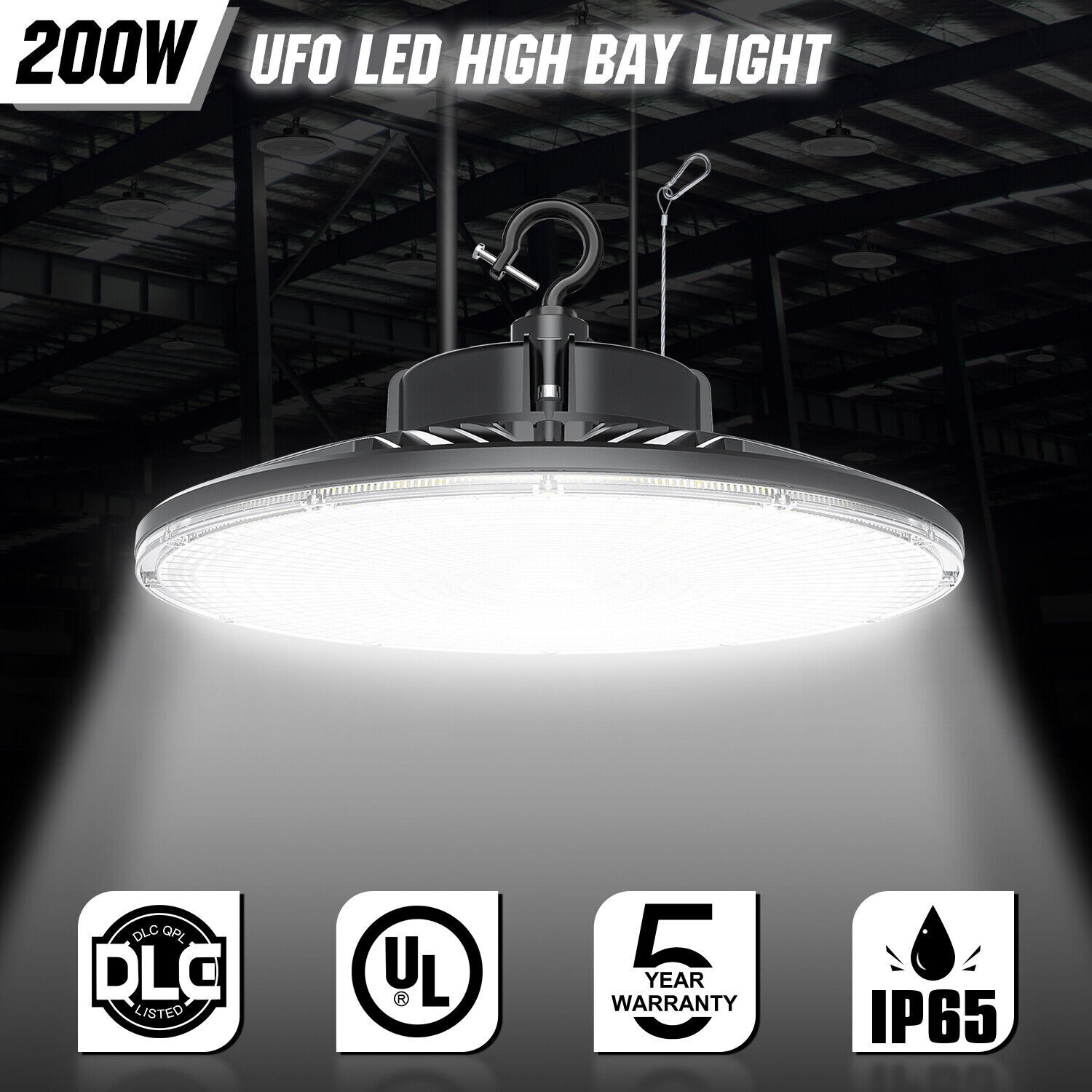 200W LED High Bay Light Fixture 5000K Warehouse Garage Workshop 14~22Ft Ceiling