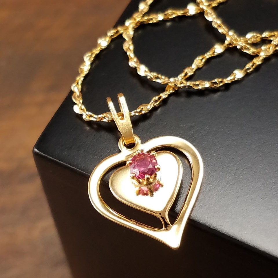 Vintage Jewelry 14K Gold Filled Real Ruby Birthstone Heart Necklace 70s