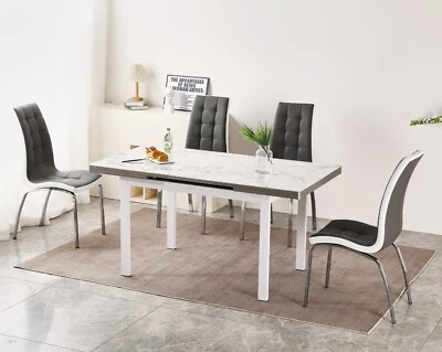 FURNIZONE UK Dining Table Set Extending White Sintered Stone Top and 4 Faux Leather Chairs