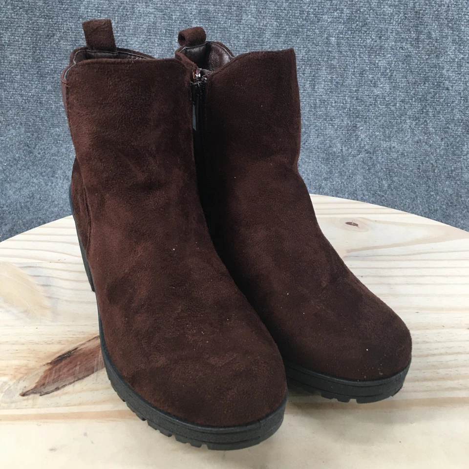 Forever Botas Mujer 8.5 Chelsea Marrón Imitación Gamuza Cremallera Lateral Tobillo Top Tacones Bloque Foto 3 de 4