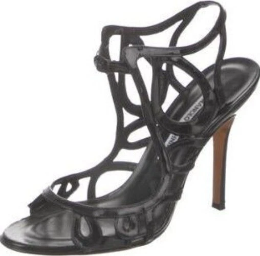 MBT Sandali Manolo Blahnik neri con cinturino in vernice misura 7 5 8 fatti a mano Italia