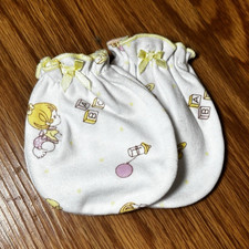 Newborn Unisex Cotton Baby Mittens White Printed Pattern w/ Bow Accent