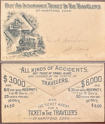 US Travelers Insurance accident ticket Nov 13, 1892 w small attractively cov *d - 第 1/5 張圖片