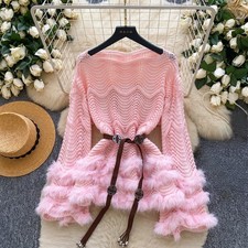 Sweater En Tricot Au Crochet Femme À Manches Longues Casual Fluffy Avec Ceinture