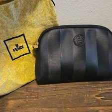 Vintage FENDI All Black Pequin Stripe Cosmetic Pouch Clutch Makeup Bag Canvas