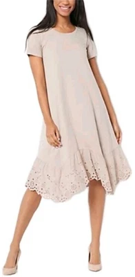 NWOT LOGO Lori Goldstein 1X Cotton Modal Midi Shift Dress Hankerchief Eyelet Hem - Image 1 of 4