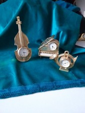 Collection Of 3 Brass Miniature Clocks In The Form Of Musical Instruments. 1980s