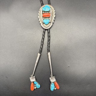 Robert & Bernice Leekya Sterling Silver Bolo Tie w/ Turquoise&Coral #438D