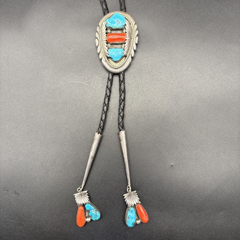 Robert & Bernice Leekya Sterling Silver Bolo Tie w/ Turquoise&Coral #438D