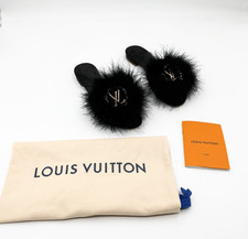 Louis Vuitton Black Fur Slide Sandals LV Logo Mink Feather Crystal Mule Slides 3
