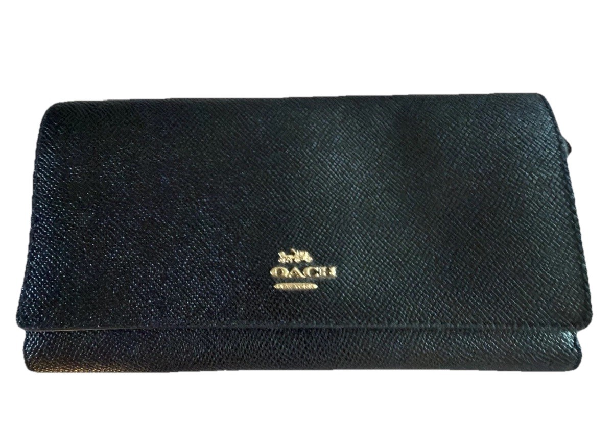 Coach Black Flap Women's Wallet with Snap Closure, ID Window & Zip Pocket AS ISMissing “C”