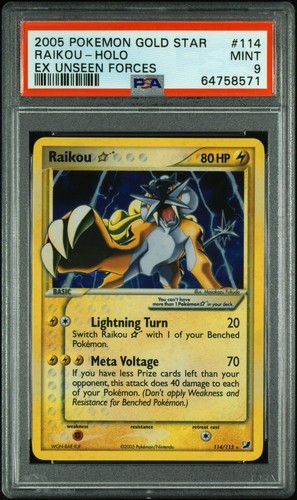 PSA 9 Raikou Gold Star 114/115 2005 Unseen Forces Ultra Rare Holo Pokemon Card