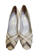 Charles Jourdan Vintage Ivory With Gold Trim Peeptoe Pump Size 5 1/2 B