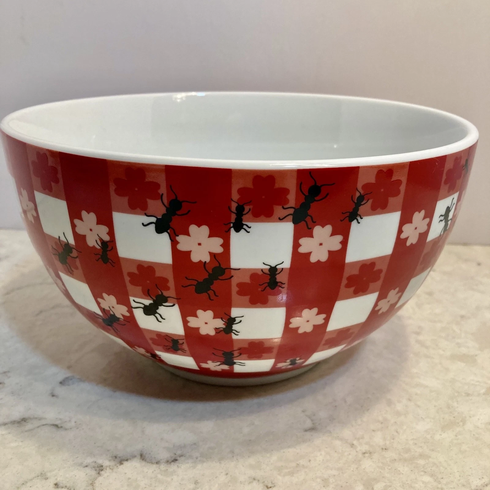 Pier 1 Imports 3QT Serving Mixing Bowl Red White Gingham “Ants at a Picnic “