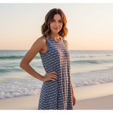 Loft S Blue White Swing Knit Tank Dress Beachy Casual Coastal Comfy Boho Resort