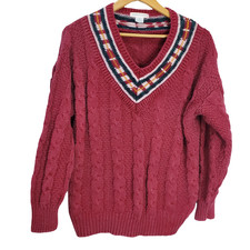 Vintage 90s Jamie Scott Red V-Neck Cable Knit Pullover Sweater Size Medium