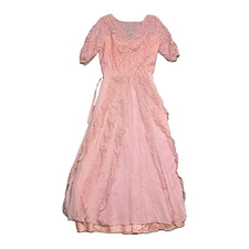 Vintage Pink Lace Prairie Maxi Dress Cottagecore Boho Romantic Empire Waist XS S