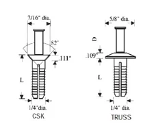 1/4" x 3/4" Insulating Blind Drive Rivets Panel Fastener Countersunk Head B16006