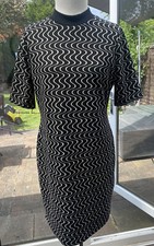Next size UK 14 Knee length STRETCHY Bodycon Dress Black White Squiggle NEW