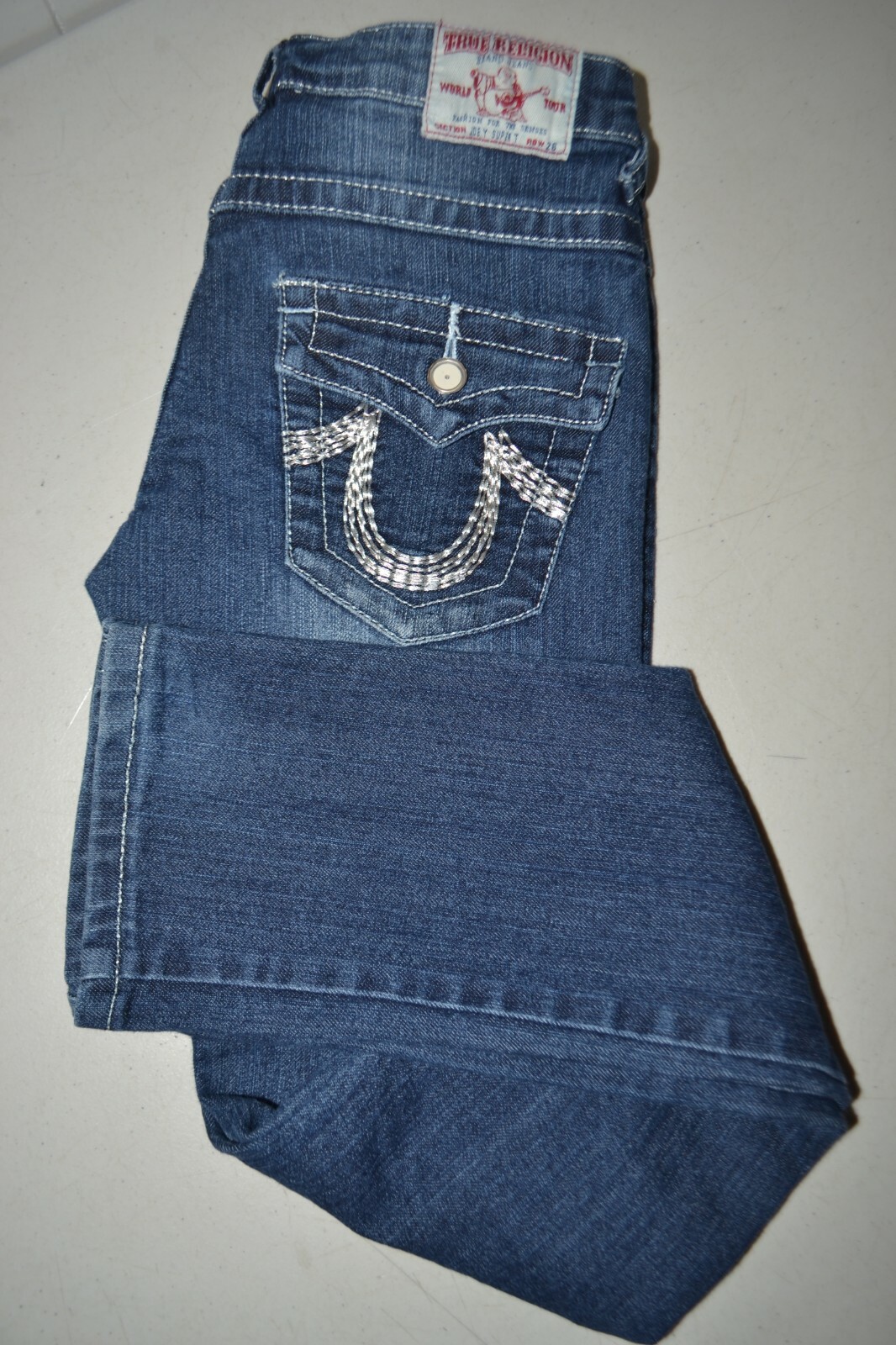 True Religion Women's Straight Joey Super T Thick Stitch "U" Blue Jeans Sz 26x30
