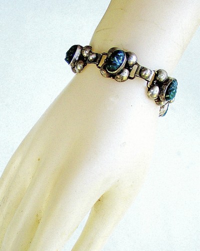 VINTAGE 1950er STERLING - GRÜNER ONYX AZTEKENMASKE VKE ARMBAND - IGUALA - MEXIKO - Bild 6 von 6