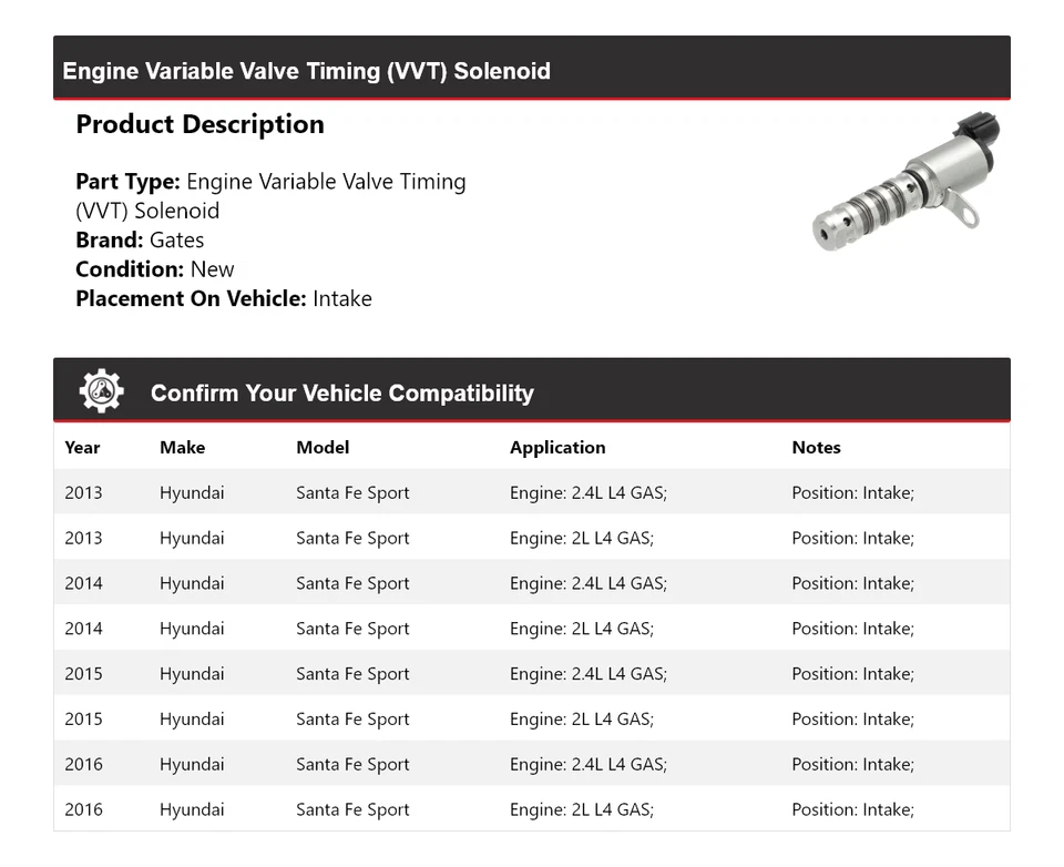 For 2013-2016 Hyundai Santa Fe Sport Engine VVT Solenoid Intake Gates 2014 2015 - Image 2 of 4