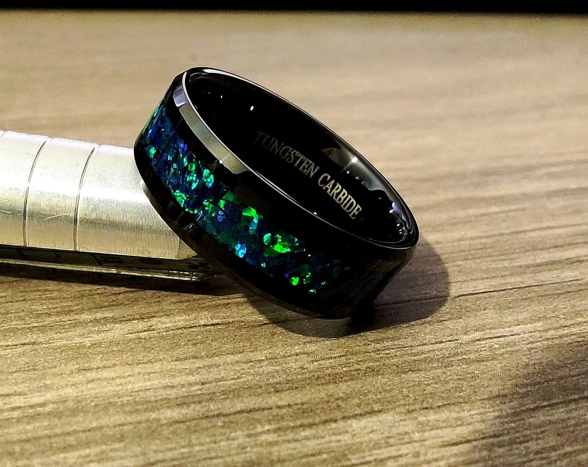 Mens Tungsten Carbide Ring Green Opal Black Wedding Engagement