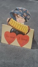 ANTIQUE VALENTINE CARD GIRL ACCORDIAN  TO THE ONE I LOVE STAND UP  BAVARIA